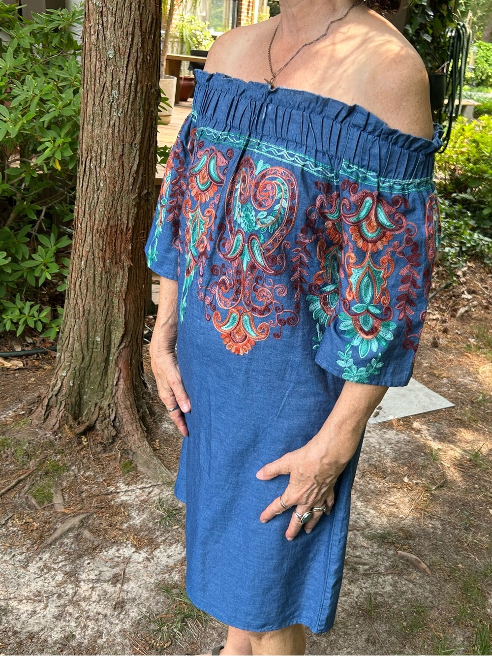 “Available by Angela Fashion” Off-Shoulder Dress w Embroidered Accents, medium.